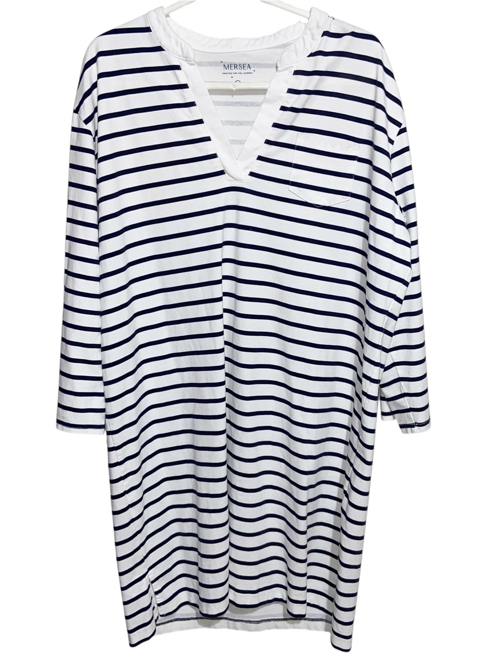 Mersea Dress Womens Large Navy Blue White Striped Cotton Coastal Nautical Resort